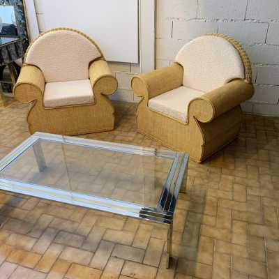 Rattan armchairs raffia italy club 1970