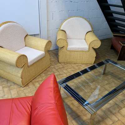 Rattan armchairs raffia italy club 1970