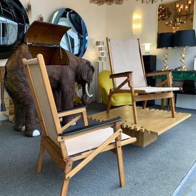 folding armchairs pair wood leather suede 1950 1960