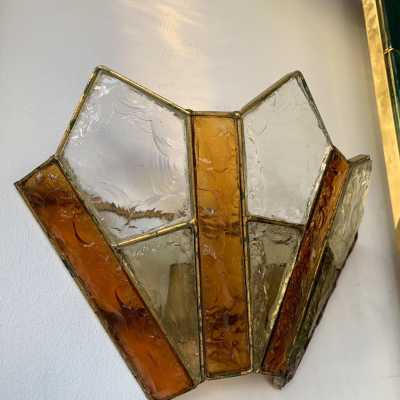 sconces pair wrought iron gilded longobard glass poliarte italy 1970