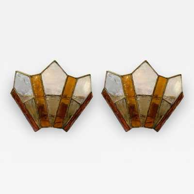 sconces pair wrought iron gilded longobard glass poliarte italy 1970