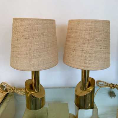 pair of rattan brass lamps Italy 1970