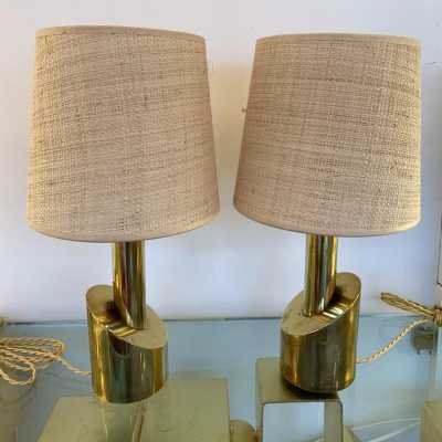 pair of rattan brass lamps Italy 1970