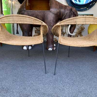 pair armchairs rattan saturn metal gastone rinaldi italy 1950 1960