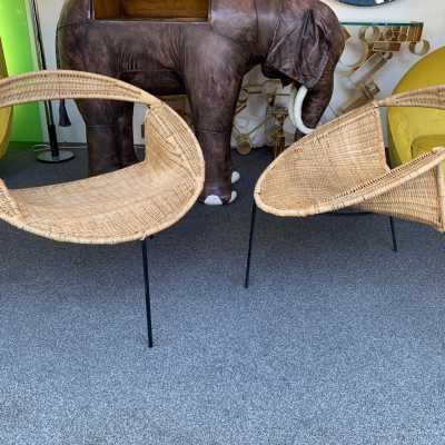 pair armchairs rattan saturn metal gastone rinaldi italy 1950 1960