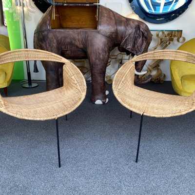 pair armchairs rattan saturn metal gastone rinaldi italy 1950 1960
