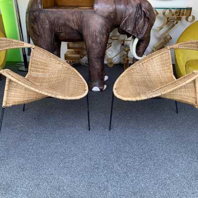 pair armchairs rattan saturn metal gastone rinaldi italy 1950 1960