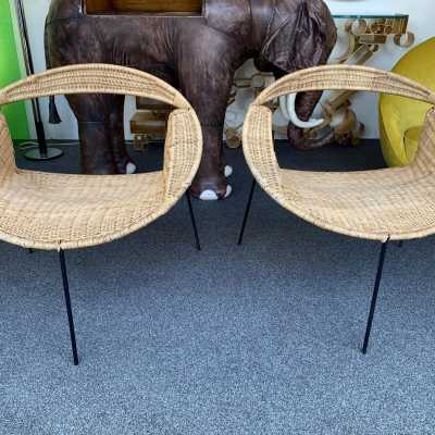pair armchairs rattan saturn metal gastone rinaldi italy 1950 1960