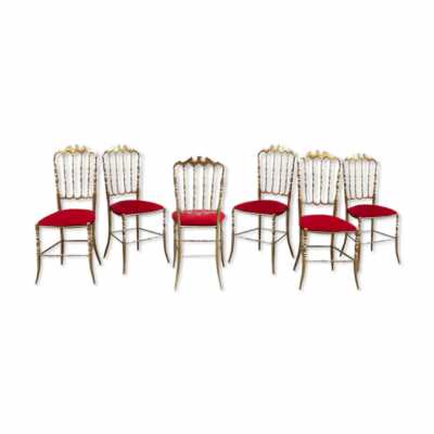 Chiavari, six chairs in golden brass and red velvet