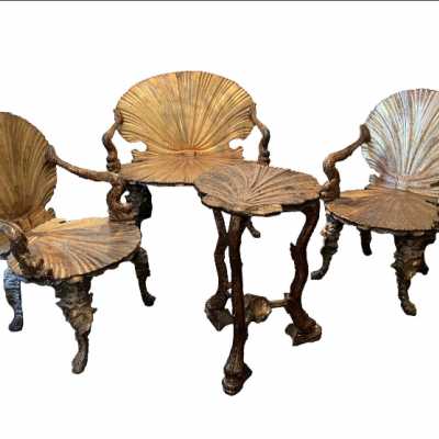 Cave furniture consisting of a sofa, a pedestal table, two armchairs