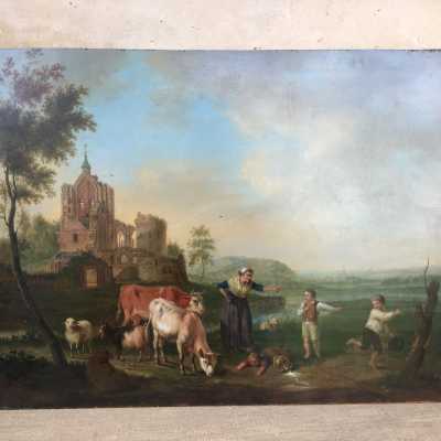 Charming 18th century painting "The overturned milk cane" Oil on panel