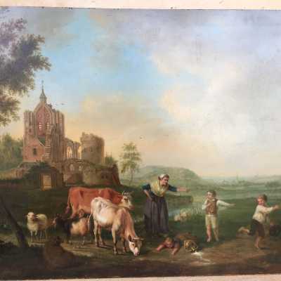 Funny peasant scene representing children heckling and having overturned a milk jug, provoking the wrath of their mother who had undoubtedly just milked the cows behind her