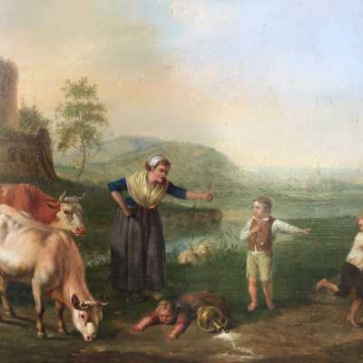In the background the ruins of a church and a castle certainly imaginary, in the style of the time. In the background on the right, a village in a valley by the sea. The overturned milk cane is reminiscent of a Norman or northern scene