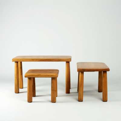 Set of 3 Solid Oak Nesting Tables 1960