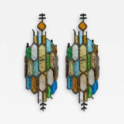 sconces pair wrought iron gilded longobard glass poliarte italy 1970