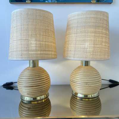 lamps pair rattan brass italy 1970