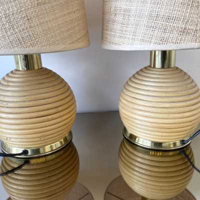 lamps pair rattan brass italy 1970
