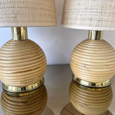 lamps pair rattan brass italy 1970
