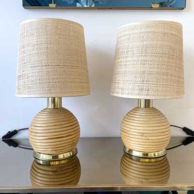 lamps pair rattan brass italy 1970