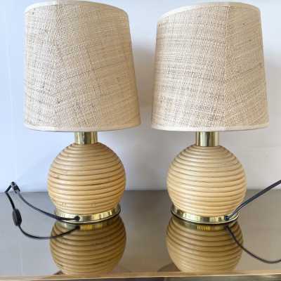 lamps pair rattan brass italy 1970