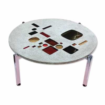 Jacques Avoinet, Round coffee table in cement concrete and stained glass