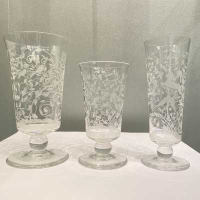 water glass, wine glass 11 cm H, flute 13.5 cm H.