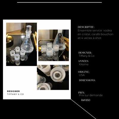 Tiffany & Co crystal vodka service, stopper carafe and 4 USA shot glasses