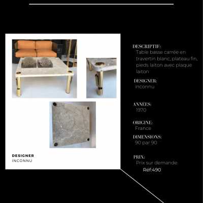 Square coffee table in white travertine, brass feet with brass plate, France 1970