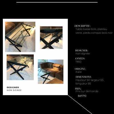 Wood and brass coffee table, compass feet, unsigned, Italy 1960
