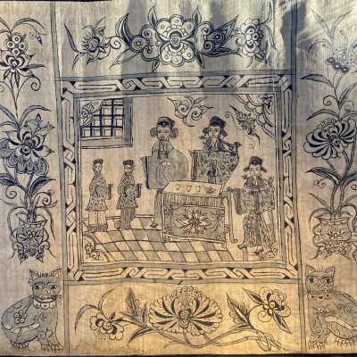 Antique Asian Art tapestries from the beginning of the 20th century, Indian ink drawing on linen, scenes of life, tea ceremony.. flower and animal illustrations, spiritual ascension scene..