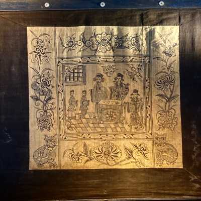 Antique Asian Art tapestries from the beginning of the 20th century, Indian ink drawing on linen, scenes of life, tea ceremony.. flower and animal illustrations, spiritual ascension scene..