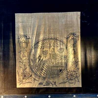 Antique Asian Art tapestries from the beginning of the 20th century, Indian ink drawing on linen, scenes of life, tea ceremony.. flower and animal illustrations, spiritual ascension scene..