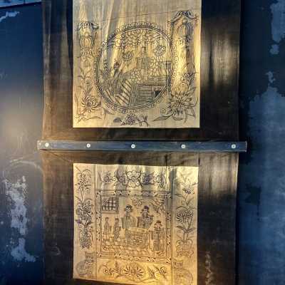 Antique Asian Art tapestries from the beginning of the 20th century, Indian ink drawing on linen, scenes of life, tea ceremony.. flower and animal illustrations, spiritual ascension scene..
