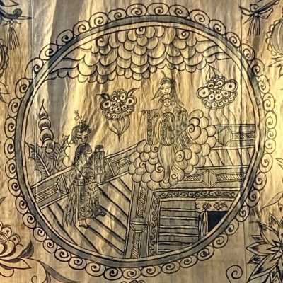 Antique Asian Art tapestries from the beginning of the 20th century, Indian ink drawing on linen, scenes of life, tea ceremony.. flower and animal illustrations, spiritual ascension scene..