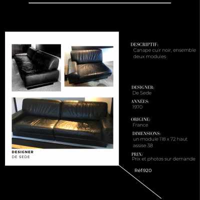DE SEDE black leather sofa, set of two modules, France 1970