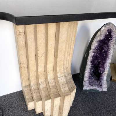 Pair of console tables in travertine and black marble by Catellan Italia. Italy 1970. the publisher of Carlo Scarpa. in the style of Gio Ponti, Gianfranco Frattini, Cassina, Osvaldo Borsani, Joe Colombo, Vico Magistretti, Luisa Parisi, Mario Bellini, Tito Agnoli, Afra Tobia Scarpa, Luciano Frigerio, Sporiti, Marco Zanuso, Giulio Moscatelli, Formanova, Renato Zevi, Romeo Rega, Maison Jansen, Willy Rizzo, Mario Sabot, Home and Garden Gallery, Dal Vera, Angelo Mangiarotti side tables coffee table
