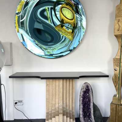 Pair of console tables in travertine and black marble by Catellan Italia. Italy 1970. the publisher of Carlo Scarpa. in the style of Gio Ponti, Gianfranco Frattini, Cassina, Osvaldo Borsani, Joe Colombo, Vico Magistretti, Luisa Parisi, Mario Bellini, Tito Agnoli, Afra Tobia Scarpa, Luciano Frigerio, Sporiti, Marco Zanuso, Giulio Moscatelli, Formanova, Renato Zevi, Romeo Rega, Maison Jansen, Willy Rizzo, Mario Sabot, Home and Garden Gallery, Dal Vera, Angelo Mangiarotti side tables coffee table