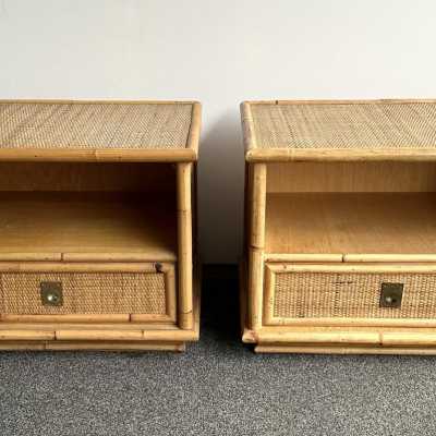 Pair of bedside tables or bedside tables in bamboo, raffia and brass by Dal Vera. Italy 1970. in the style of Renato Zevi, Romeo Rega, Maison Jansen, Willy Rizzo, Mario Sabot. side tables coffee table console mid-century modern hollywood regency 1980