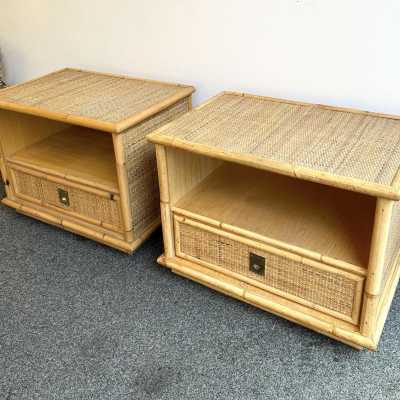 Pair of bedside tables or bedside tables in bamboo, raffia and brass by Dal Vera. Italy 1970. in the style of Renato Zevi, Romeo Rega, Maison Jansen, Willy Rizzo, Mario Sabot. side tables coffee table console mid-century modern hollywood regency 1980