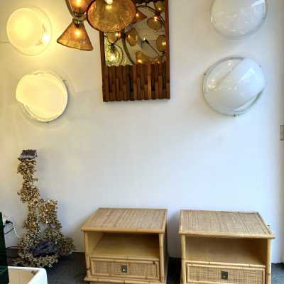 Pair of bedside tables or bedside tables in bamboo, raffia and brass by Dal Vera. Italy 1970. in the style of Renato Zevi, Romeo Rega, Maison Jansen, Willy Rizzo, Mario Sabot. side tables coffee table console mid-century modern hollywood regency 1980