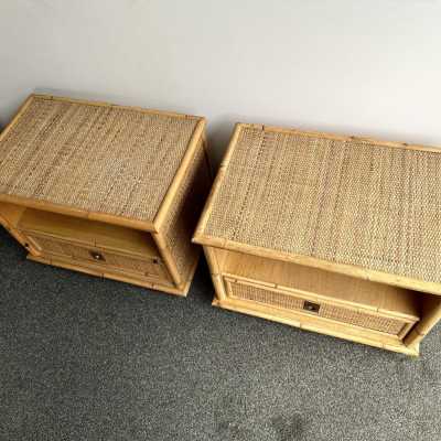 Pair of bedside tables or bedside tables in bamboo, raffia and brass by Dal Vera. Italy 1970. in the style of Renato Zevi, Romeo Rega, Maison Jansen, Willy Rizzo, Mario Sabot. side tables coffee table console mid-century modern hollywood regency 1980