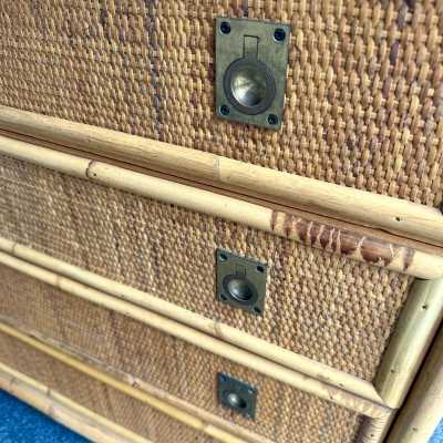Bamboo and raffia chest of drawers with brass drawer handles by Dal Vera. Italy 1970. in the style of Renato Zevi, Romeo Rega, Maison Jansen, Willy Rizzo, Mario Sabot. console end table coffee table mid-century modern hollywood regency