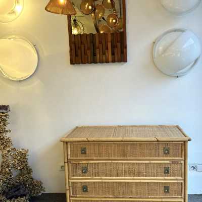 Bamboo and raffia chest of drawers with brass drawer handles by Dal Vera. Italy 1970. in the style of Renato Zevi, Romeo Rega, Maison Jansen, Willy Rizzo, Mario Sabot. console end table coffee table mid-century modern hollywood regency