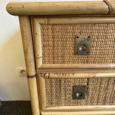 Bamboo and raffia chest of drawers with brass drawer handles by Dal Vera. Italy 1970. in the style of Renato Zevi, Romeo Rega, Maison Jansen, Willy Rizzo, Mario Sabot. console end table coffee table mid-century modern hollywood regency