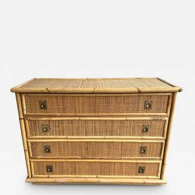 Bamboo and raffia chest of drawers with brass drawer handles by Dal Vera. Italy 1970. in the style of Renato Zevi, Romeo Rega, Maison Jansen, Willy Rizzo, Mario Sabot. console end table coffee table mid-century modern hollywood regency