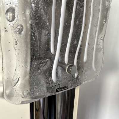Floor lamp in lacquered chrome metal and Murano glass by Esperia. Italy 1970. in the style of Venini, Vistosi, La Murrina, Seguso, Aldo Nason, Poliarte, Carlo Aldo Nason for Mazzega, Stilnovo, Arteluce, Arredoluce, Artemide, Pierre Cardin, Lumi, Luci, Raak, Angelo Lelii, Francesco Bocola, Superstudio, Enrico Tronconi, Mario Bellini, Harvey Guzzini, Luigi Massoni, Martinelli, Fabio Lenci, Gio Ponti. chandelier mid-century modern space age brass stainless steel