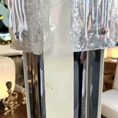 Floor lamp in lacquered chrome metal and Murano glass by Esperia. Italy 1970. in the style of Venini, Vistosi, La Murrina, Seguso, Aldo Nason, Poliarte, Carlo Aldo Nason for Mazzega, Stilnovo, Arteluce, Arredoluce, Artemide, Pierre Cardin, Lumi, Luci, Raak, Angelo Lelii, Francesco Bocola, Superstudio, Enrico Tronconi, Mario Bellini, Harvey Guzzini, Luigi Massoni, Martinelli, Fabio Lenci, Gio Ponti. chandelier mid-century modern space age brass stainless steel