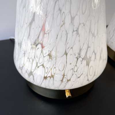 Pair of speckled white Murano glass and brass cone lamps by Esperia. Italy 1970 carlo aldo nason mazzega venini vistosi la murrina