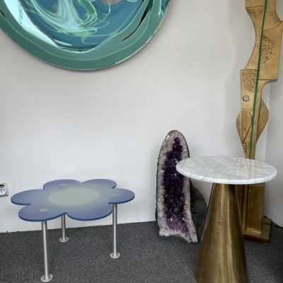coffee table end of sofa flower margherite blue glass metal Glas Italia Italy 1990