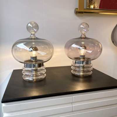 Pair of lamps in gray smoked glass and chromed metal by Glashütte Limburg. Germany 1970. in the style of Venini, Vistosi, Veronese, La Murrina, Stilux, Aldo Carlo Nason, Stilnovo, Joe Colombo, Arteluce, Arredoluce, Italian design Lumi, Luci, Rggiani, Sciolari, Werner Pantone, Luigi Colani, Raak, Angelo Lelii, Angelo Brotto, Esperia, Francesco Bocola, Superstudio, Enrico Tronconi, Mario Bellini, Harvey Guzzini, Luigi Massoni, Martinelli, Pierre Cardin, Fabio Lenci, Gio Ponti. sconces chandelier suspension
